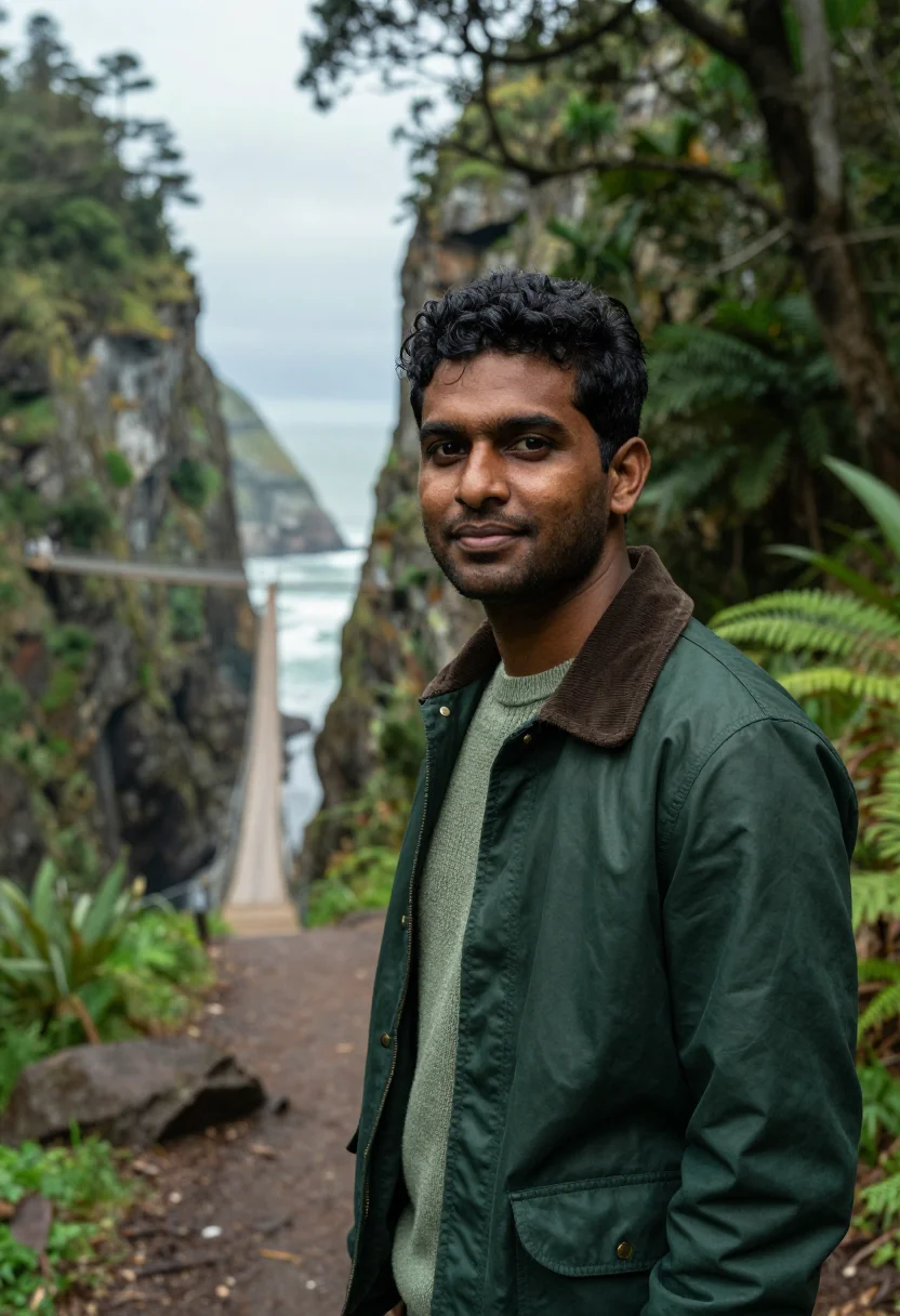 AI tsitsikamma forest ecologist yellowwood green sample — portrait of a man, an Indian South African ecologist in his