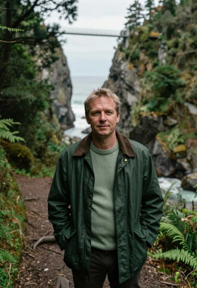 AI tsitsikamma forest ecologist yellowwood green sample — portrait of a man, an English ecologist in his late forties