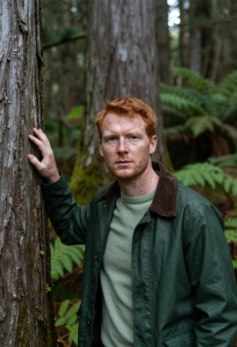 AI tsitsikamma forest ecologist yellowwood green sample — portrait of a man, an Irish ecologist in his late thirties w
