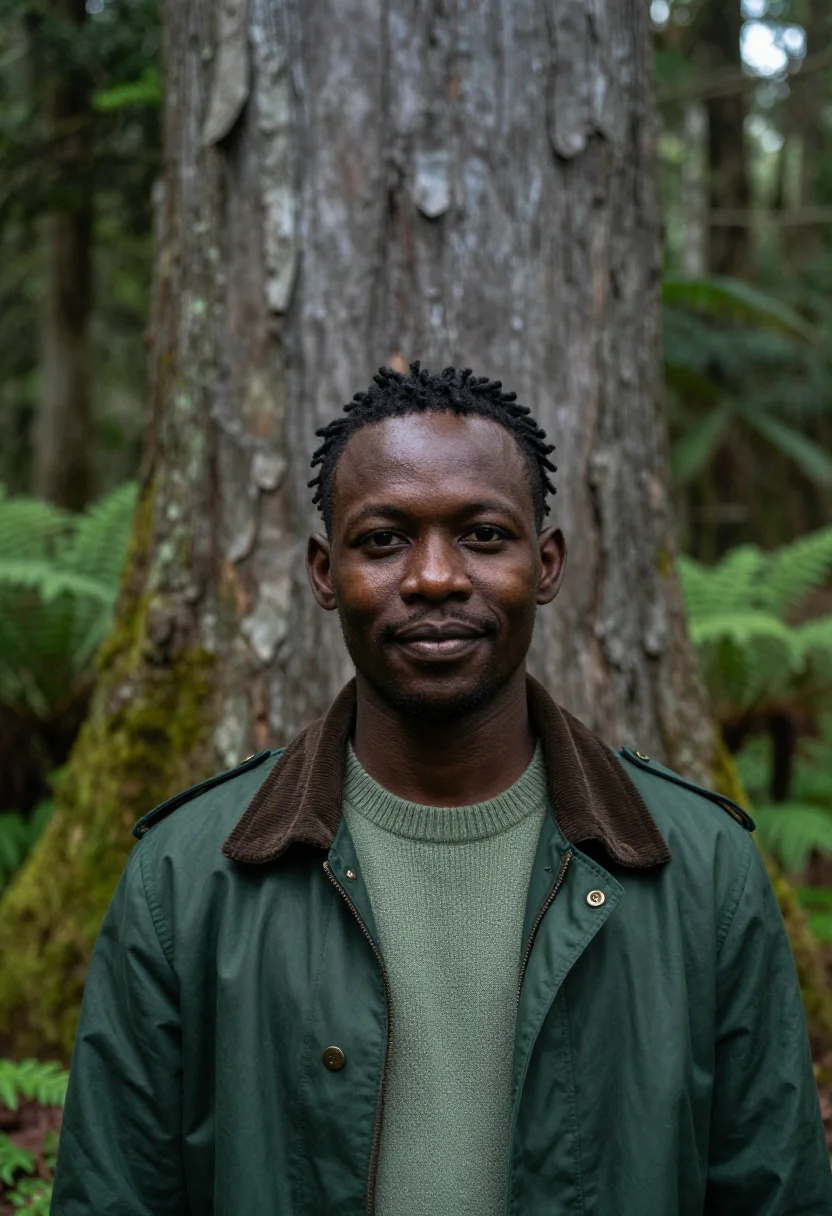 AI tsitsikamma forest ecologist yellowwood green sample — portrait of a man, a Zulu ecologist in his late twenties wit