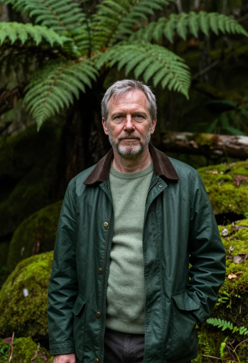 AI tsitsikamma forest ecologist yellowwood green sample — portrait of a man, a German ecologist in his mid-fifties wit