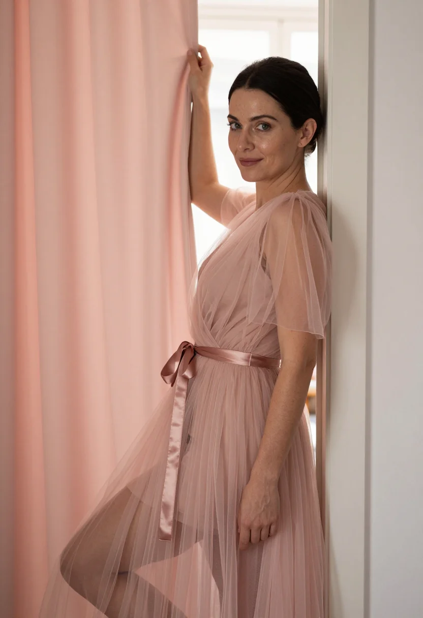 AI tulle blush sample — portrait of a woman, a close chest-up frame, a woman in her