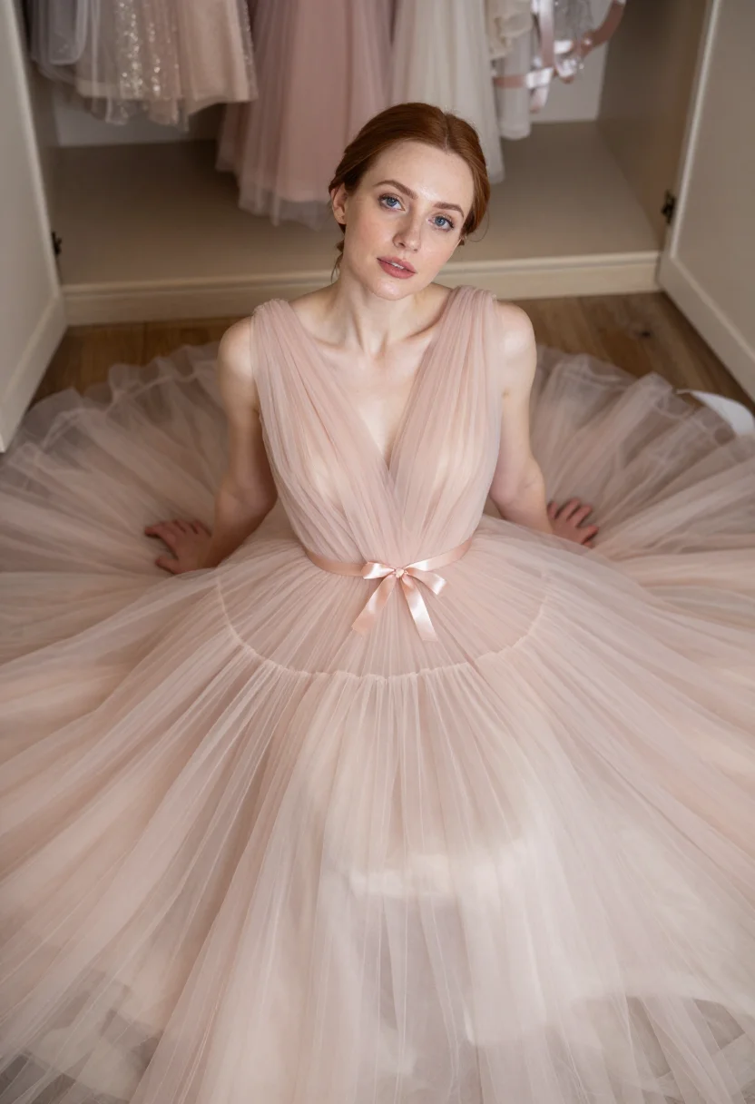 AI tulle blush sample — portrait of a woman, a chest-up frame from above, a woman in