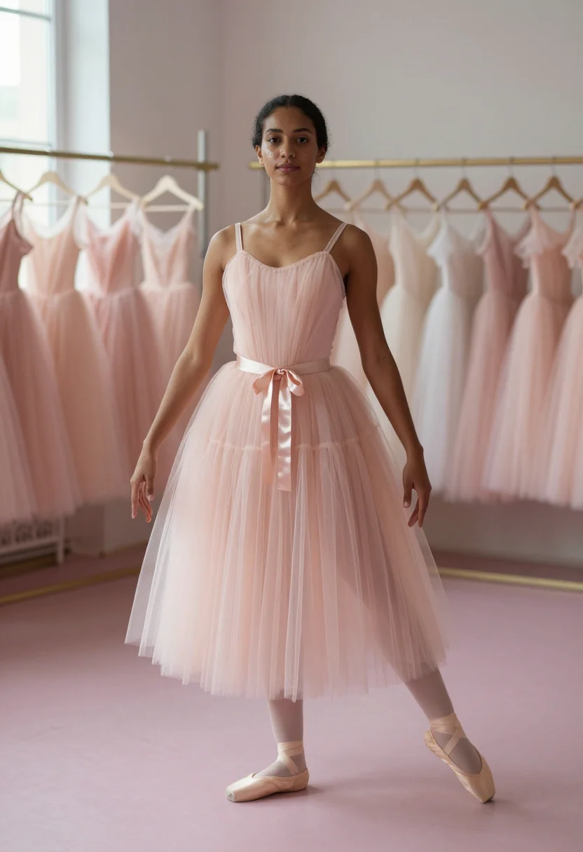 AI tulle blush sample — portrait of a woman, framed full-length, a woman in her twen