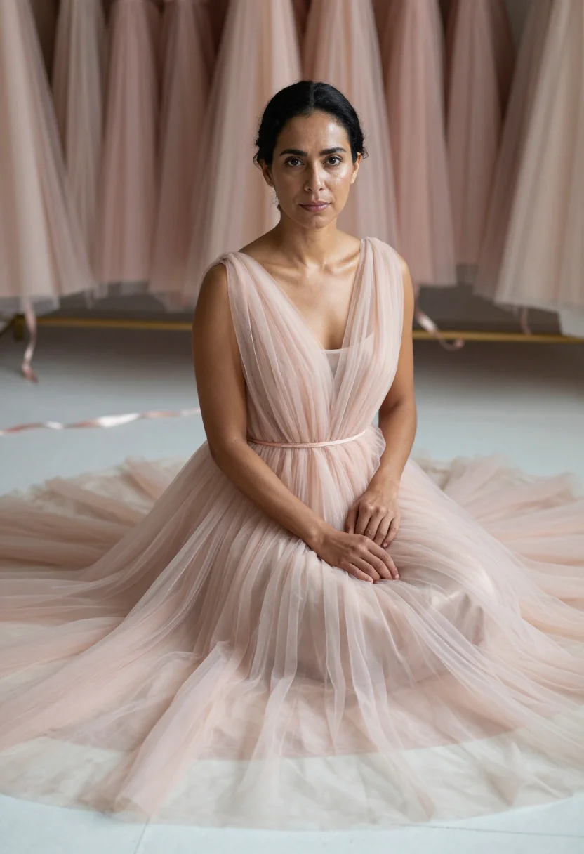 AI tulle blush sample — portrait of a woman, framed three-quarter-length, a woman in