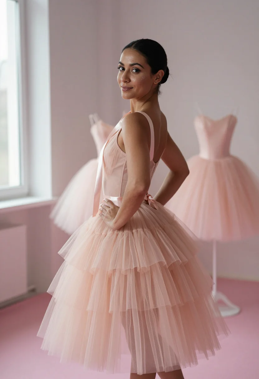 AI tulle blush sample — portrait of a woman, a close half-length frame, a woman in h