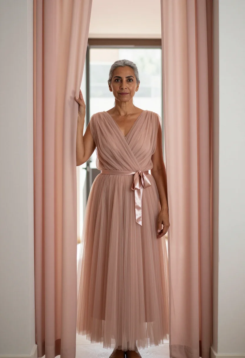 AI tulle blush sample — portrait of a woman, framed full-length, a woman in her fort