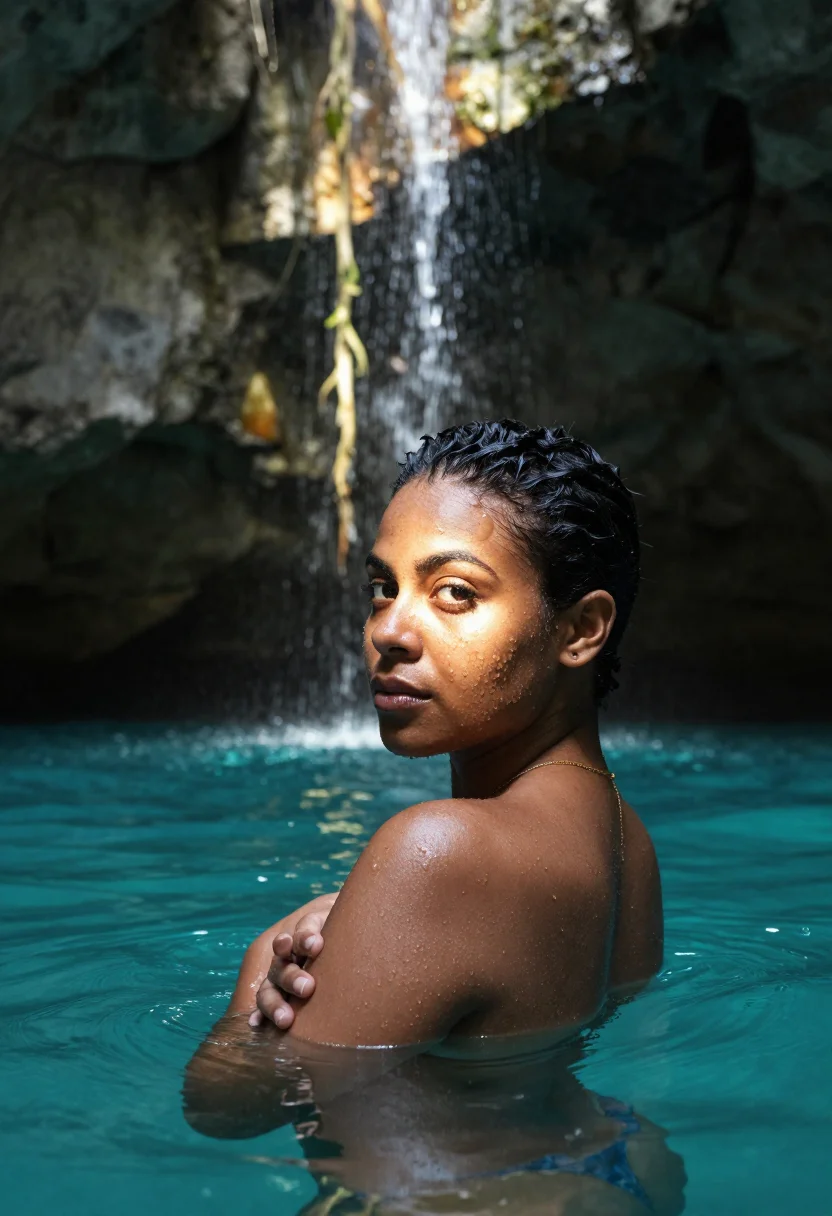AI tulum sample — portrait of a woman, with deep brown skin, dark eyes and sho