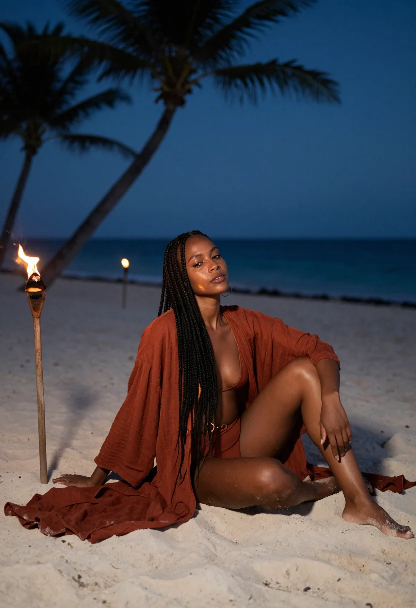 AI tulum sample — portrait of a woman, with deep brown skin, dark eyes and lon
