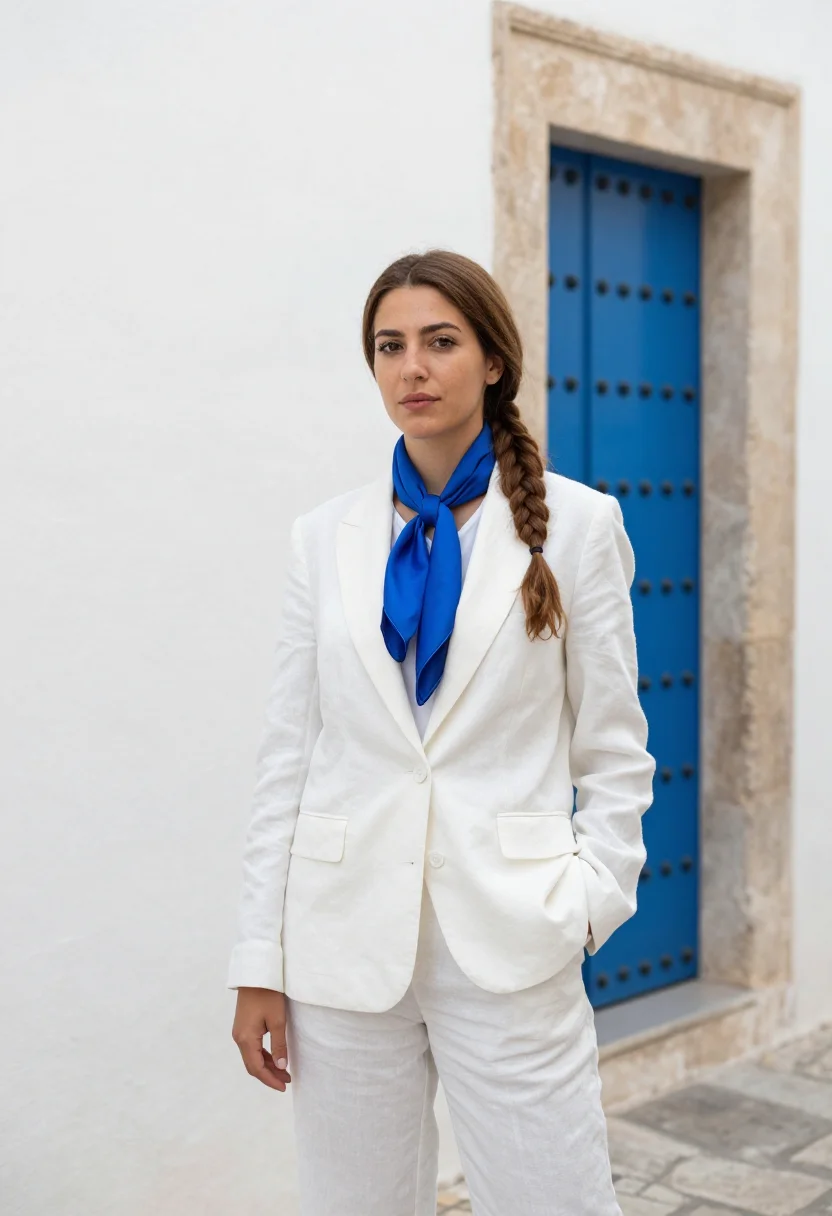 AI tunis lawyer medina studded door blue sample — portrait of a woman, a lawyer in her early thirties of Frenc