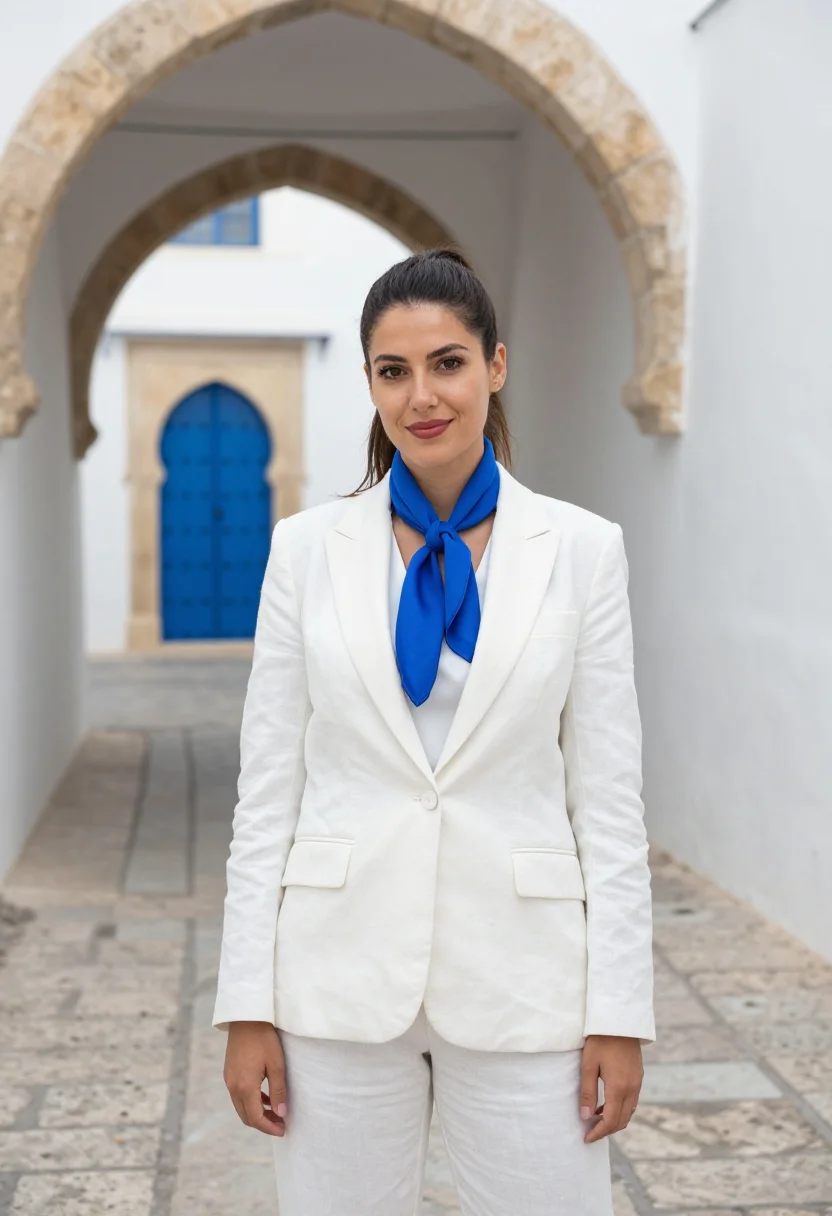 AI tunis lawyer medina studded door blue sample — portrait of a woman, a lawyer in her early thirties of Malte