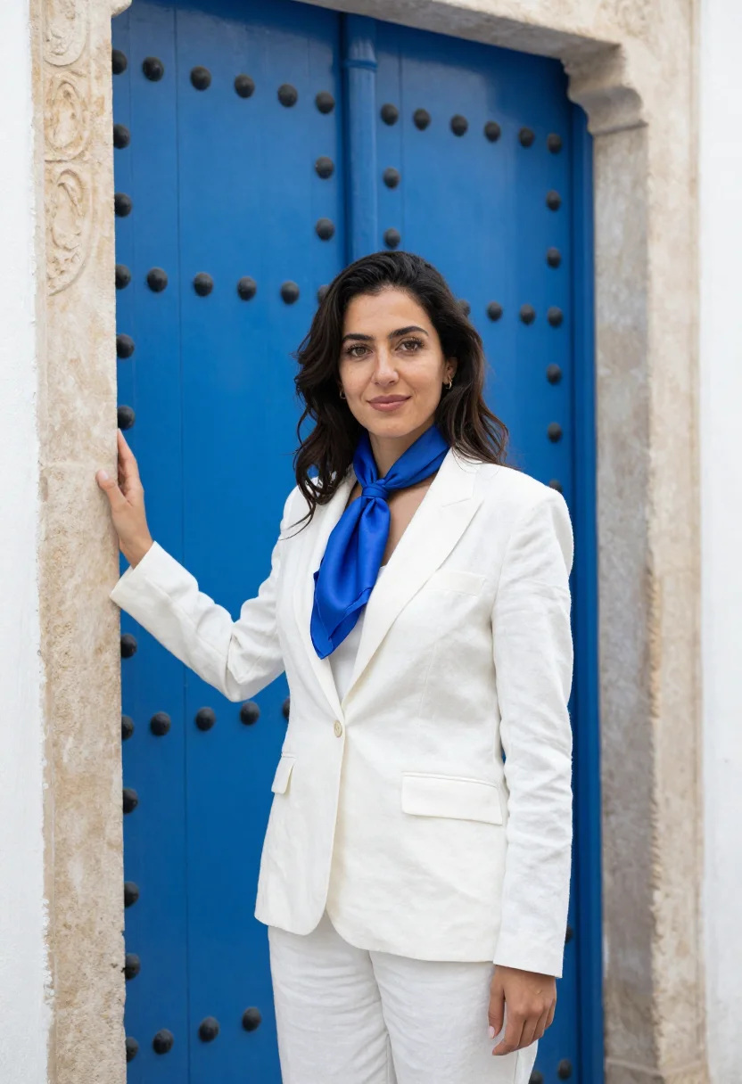 AI tunis lawyer medina studded door blue sample — portrait of a woman, a lawyer in her late twenties of Italia