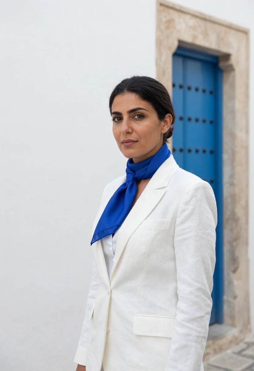 AI tunis lawyer medina studded door blue sample — portrait of a woman, a lawyer in her late thirties of Tunisi