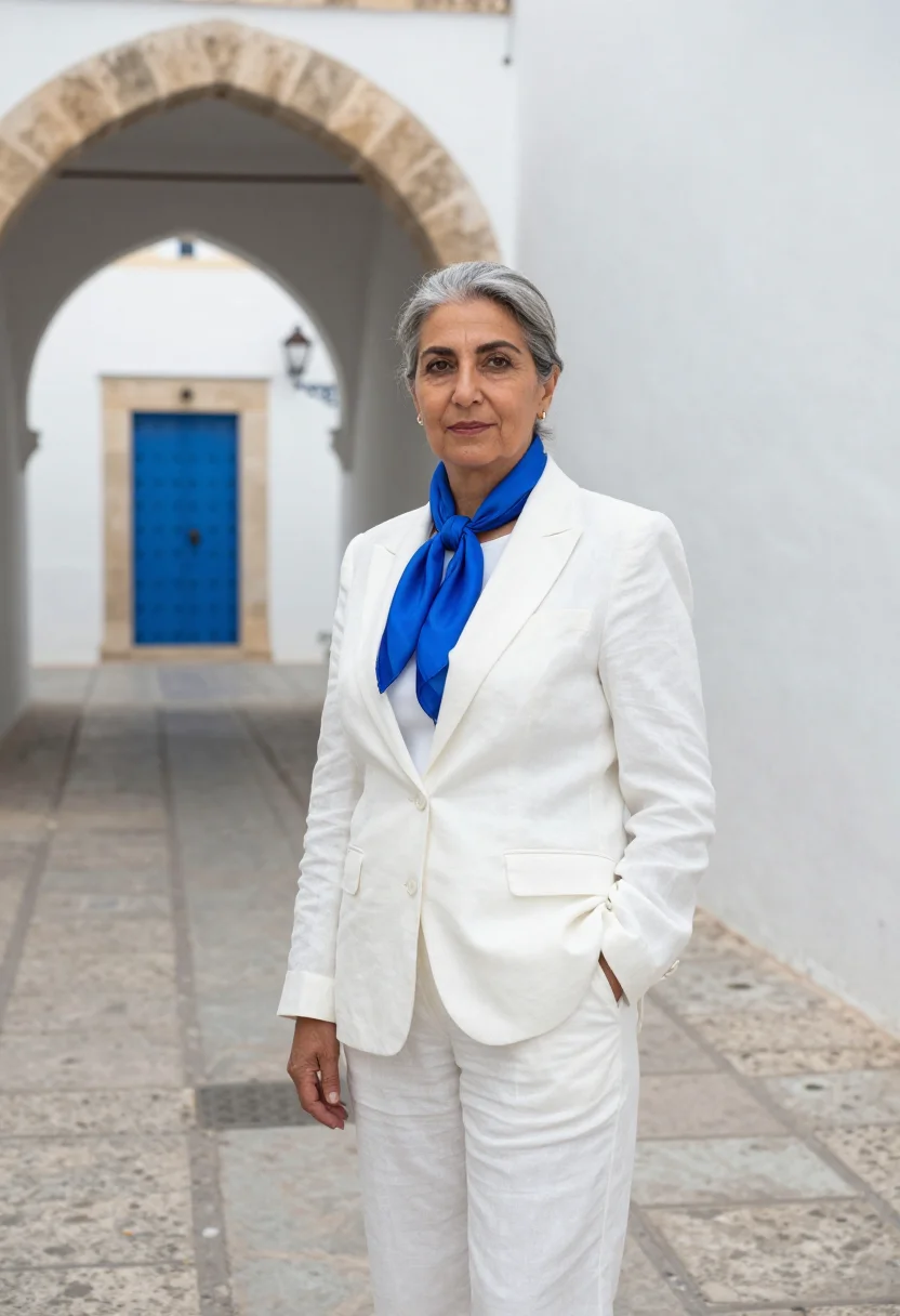 AI tunis lawyer medina studded door blue sample — portrait of a woman, a lawyer in her early sixties of Tunisi