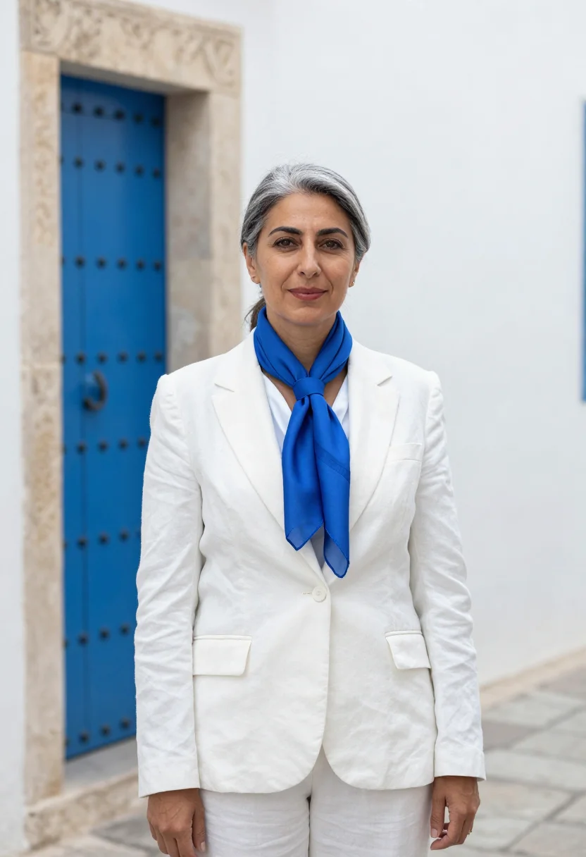 AI tunis lawyer medina studded door blue sample — portrait of a woman, a lawyer in her mid-fifties of Tunisian
