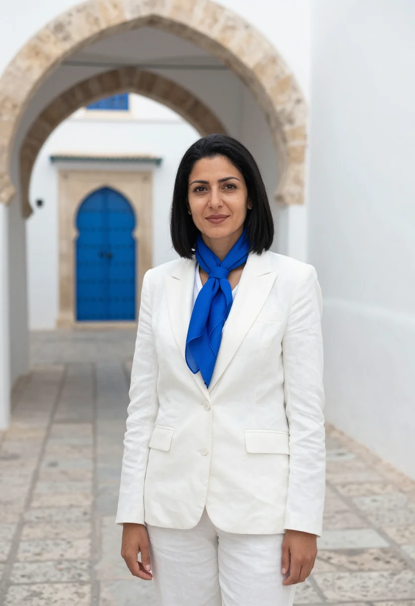 AI tunis lawyer medina studded door blue sample — portrait of a woman, a lawyer in her mid-forties of Algerian