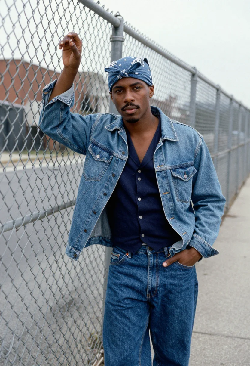 AI tupac oakland bandana denim indigo sample — portrait of a man, Black American and in his early twenties,