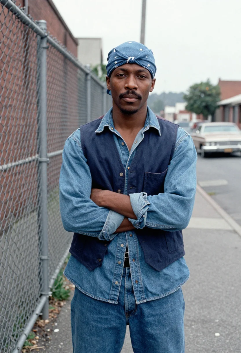 AI tupac oakland bandana denim indigo sample — portrait of a man, Black American and in his early twenties,