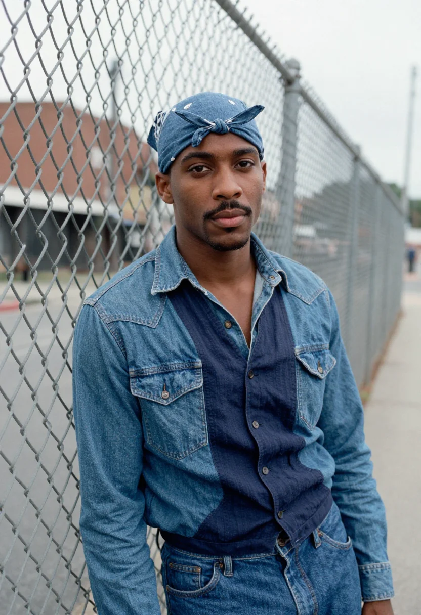 AI tupac oakland bandana denim indigo sample — portrait of a man, Black American and in his early twenties,