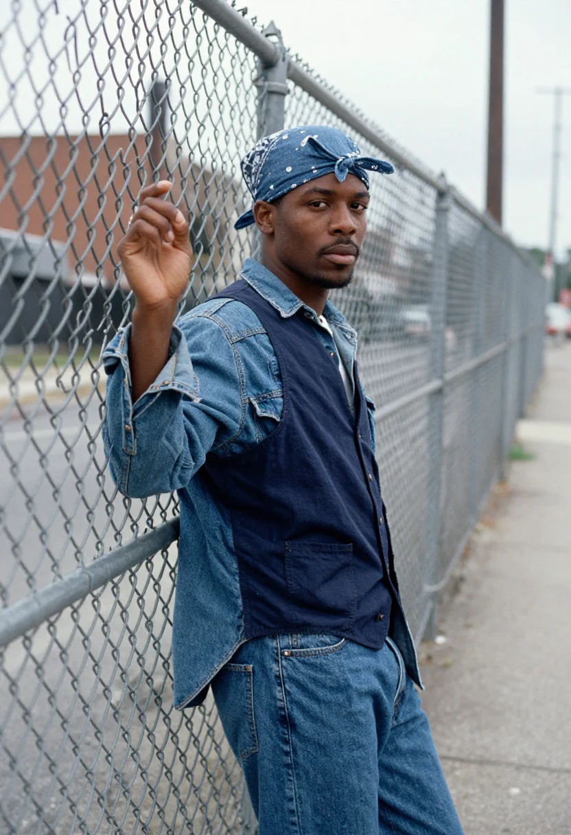 AI tupac oakland bandana denim indigo sample — portrait of a man, Black American and in his early twenties,