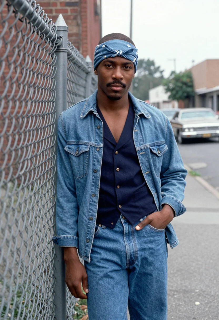 AI tupac oakland bandana denim indigo sample — portrait of a man, Black American and in his early twenties,