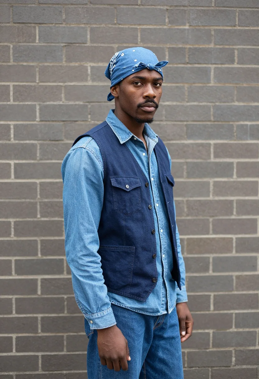 AI tupac oakland bandana denim indigo sample — portrait of a man, Black American and in his early twenties,