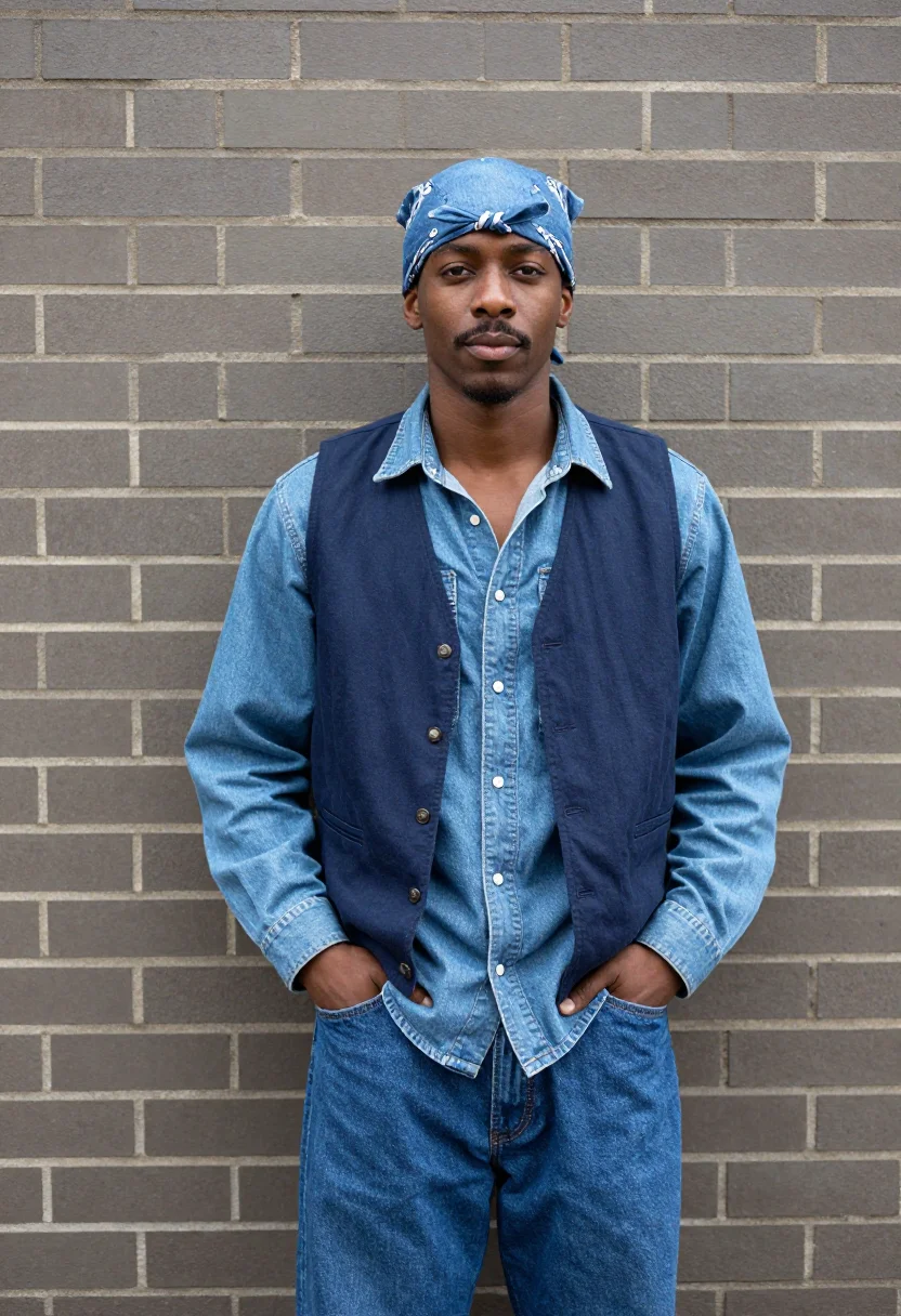 AI tupac oakland bandana denim indigo sample — portrait of a man, Black American and in his early twenties,
