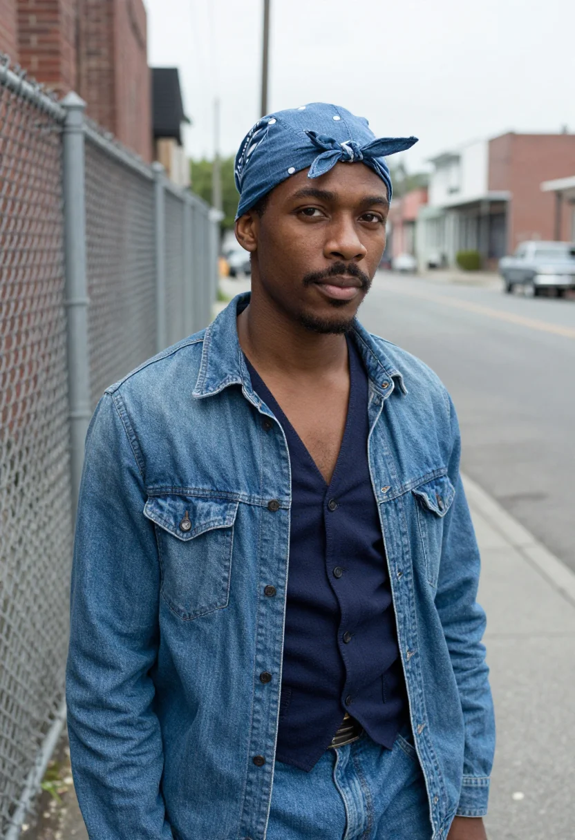 AI tupac oakland bandana denim indigo sample — portrait of a man, Black American and in his early twenties,