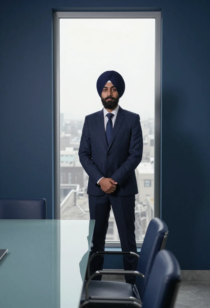 AI turban navy headshot sample — portrait of a man, framed wide and full-length from the meet