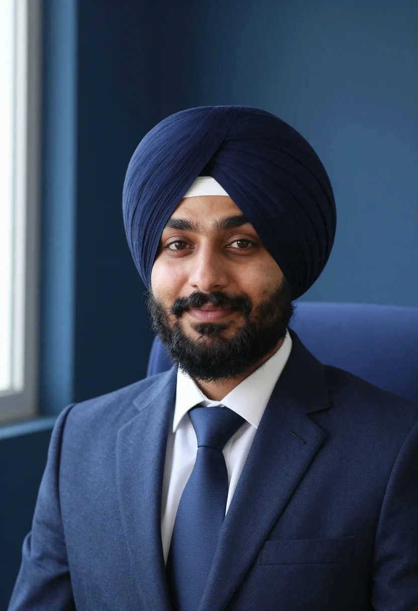 AI turban navy headshot sample — portrait of a man, framed tight, head and shoulders, the bod