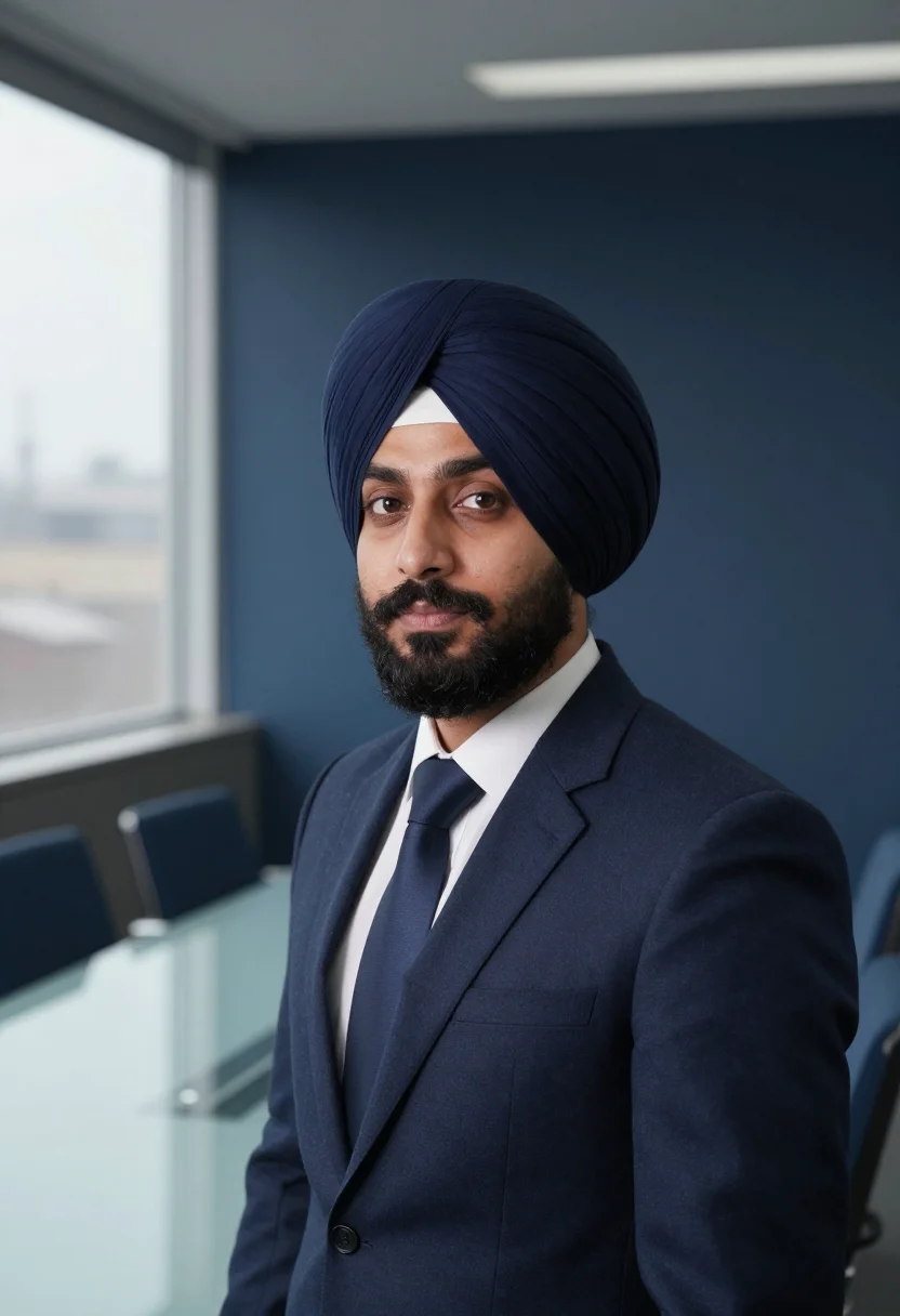 AI turban navy headshot sample — portrait of a man, framed tight, head and shoulders, the bod