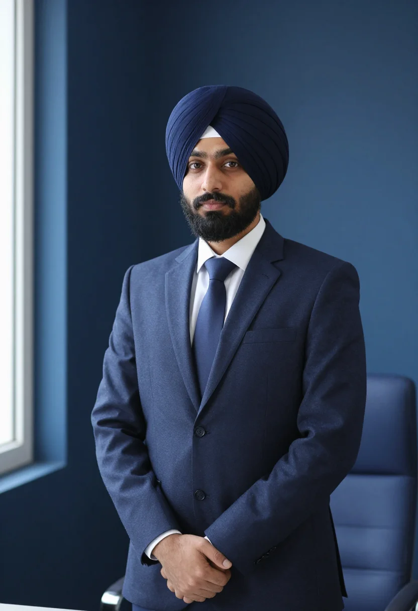 AI turban navy headshot sample — portrait of a man, framed half-length from the head to the h