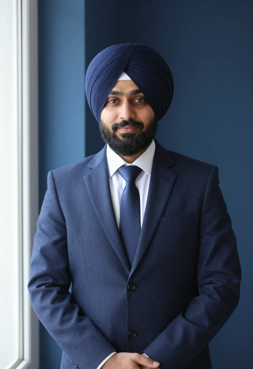 AI turban navy headshot sample — portrait of a man, framed half-length from the head to the h