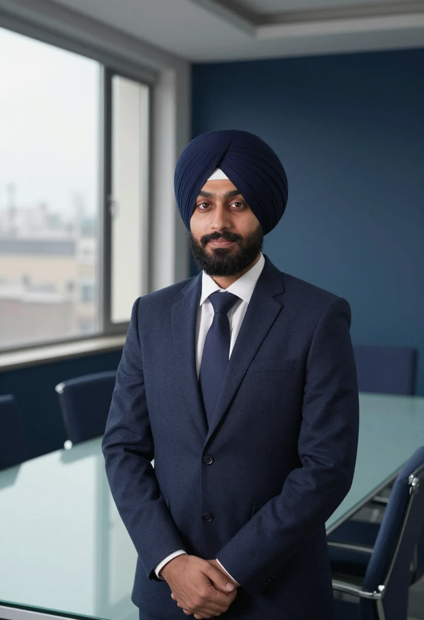AI turban navy headshot sample — portrait of a man, framed chest-up, cropped at the ribs, the