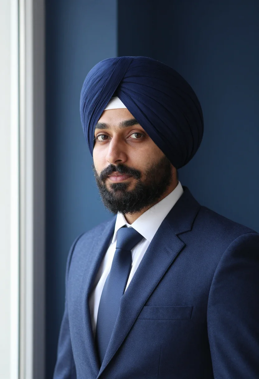 AI turban navy headshot sample — portrait of a man, framed chest-up, cropped at the ribs, the