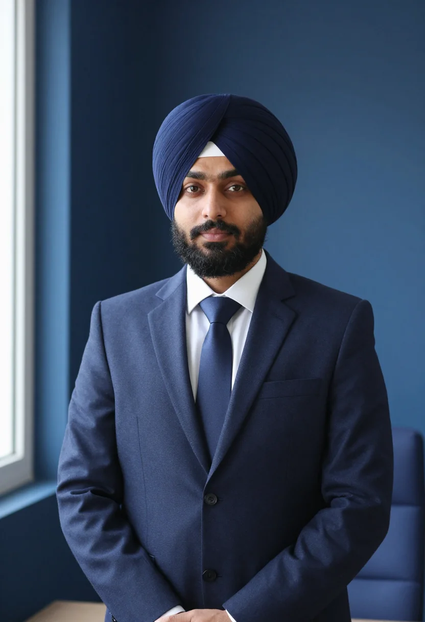 AI turban navy headshot sample — portrait of a man, framed chest-up, cropped at the ribs, the