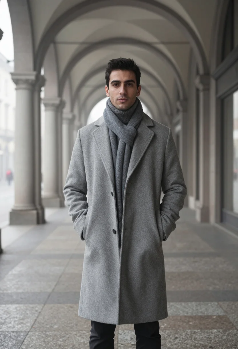 AI turin portici nebbia grey sample — portrait of a man, framed full-length from the head to the s