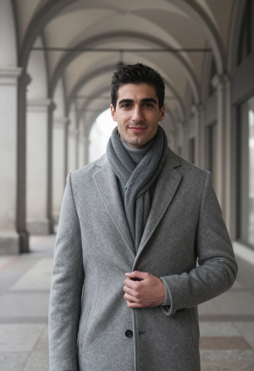 AI turin portici nebbia grey sample — portrait of a man, framed chest-up, cropped at the ribs, the