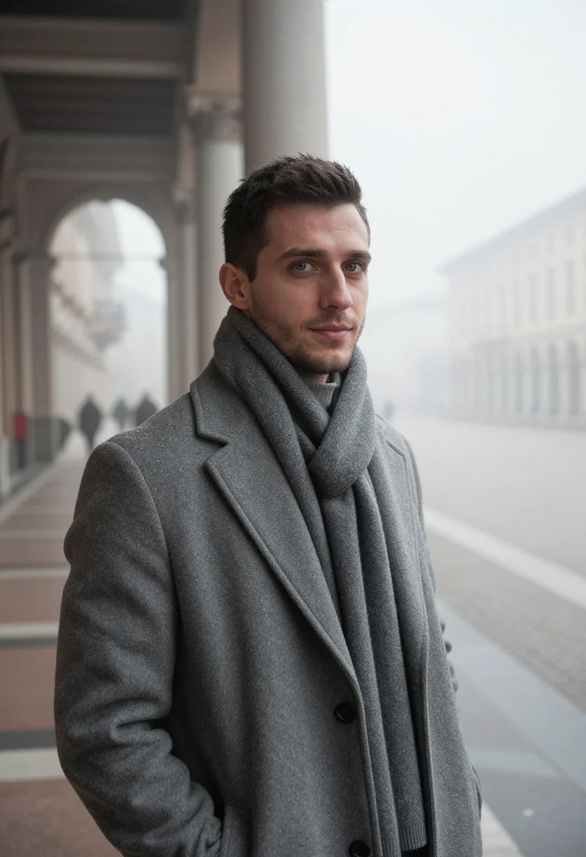 AI turin portici nebbia grey sample — portrait of a man, framed tight, head and shoulders, the bod