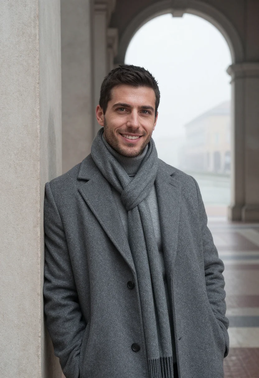 AI turin portici nebbia grey sample — portrait of a man, framed chest-up, cropped at the ribs, the