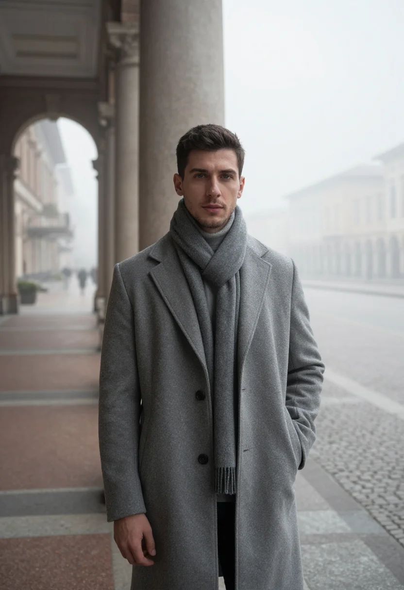 AI turin portici nebbia grey sample — portrait of a man, framed half-length from the head to the w