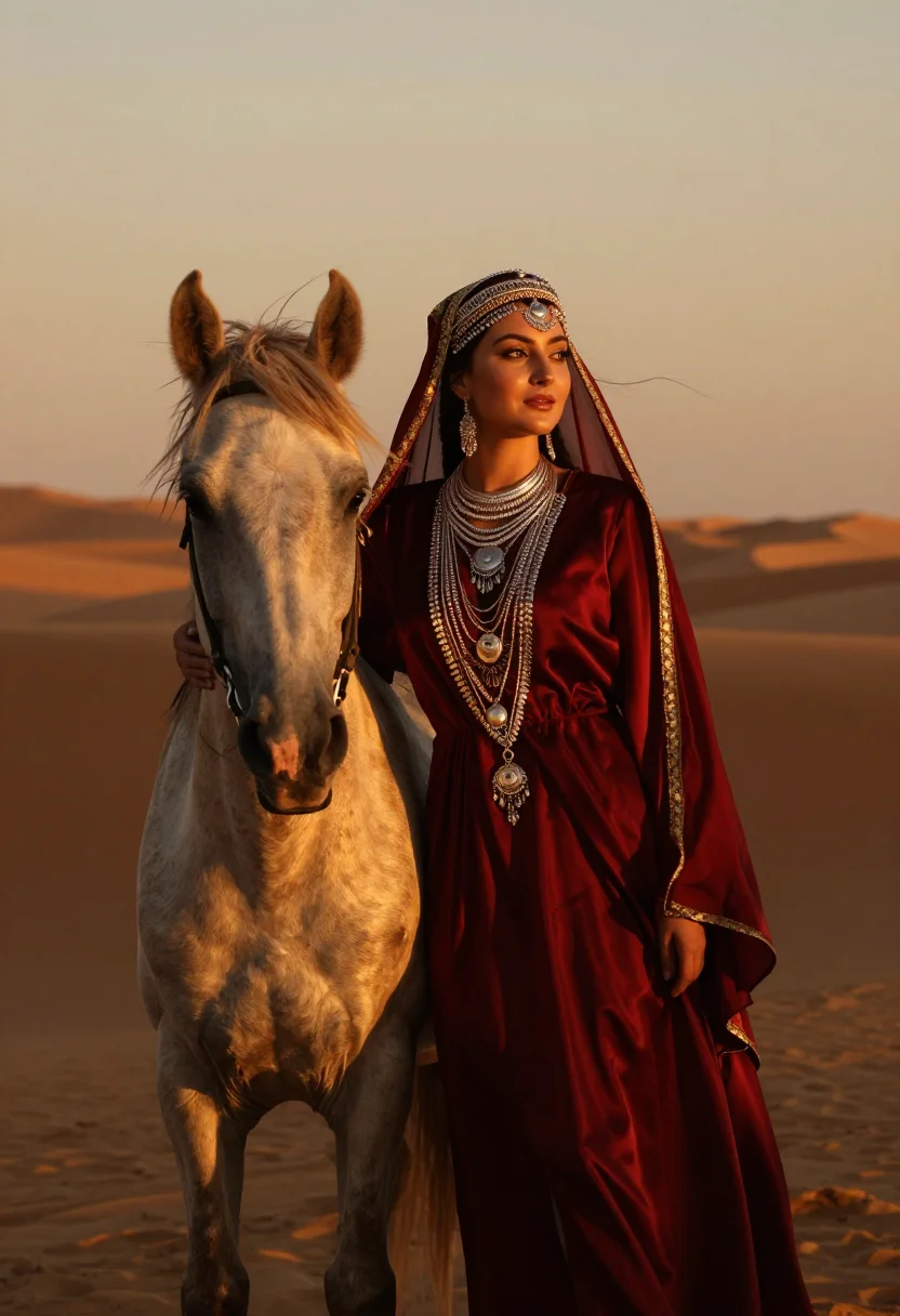 AI turkmen keteni sample — candid mid-chest portrait of a Turkmen woman beside an Akhal