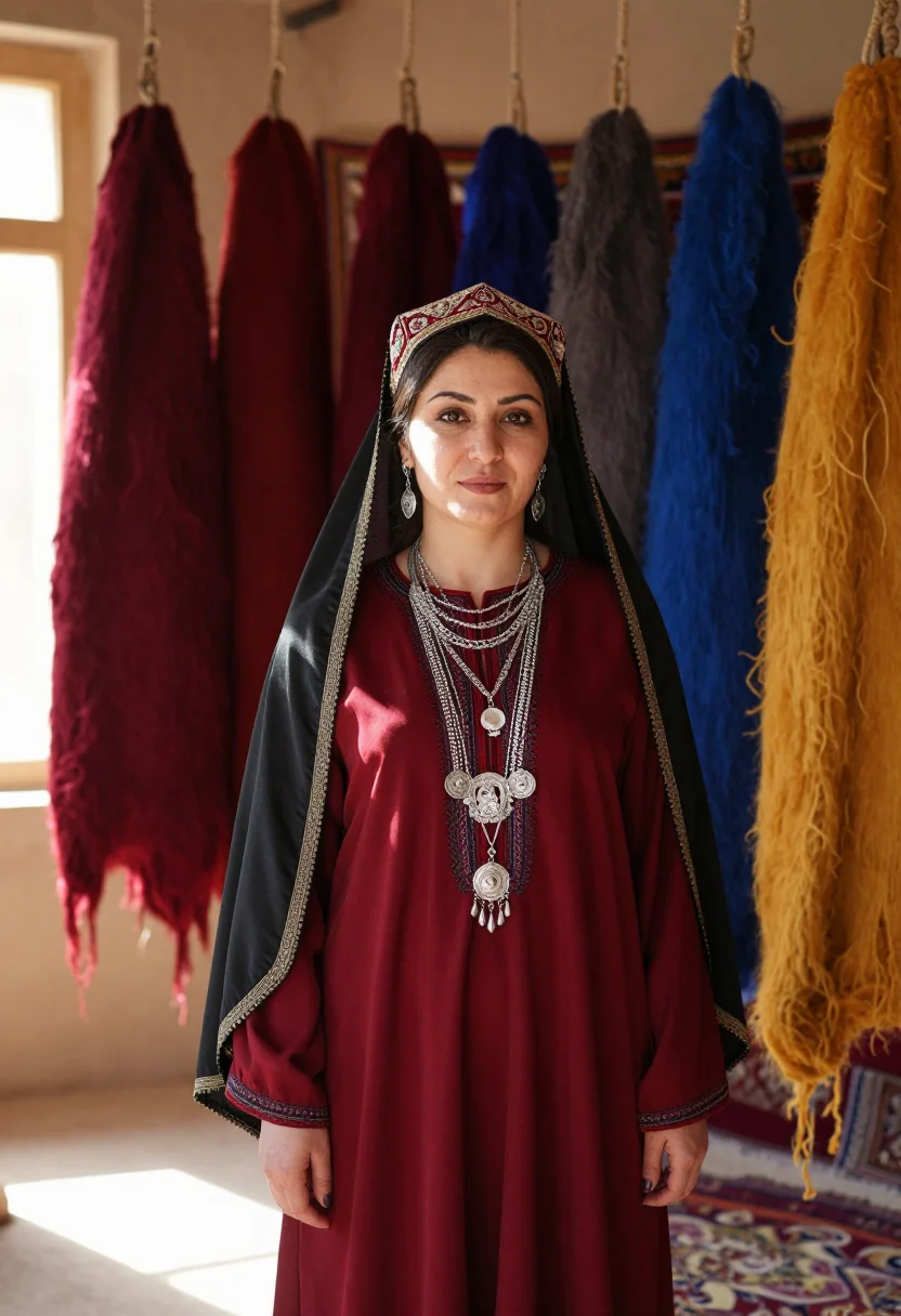 AI turkmen keteni sample — candid three-quarter portrait of a Turkmen woman standing am