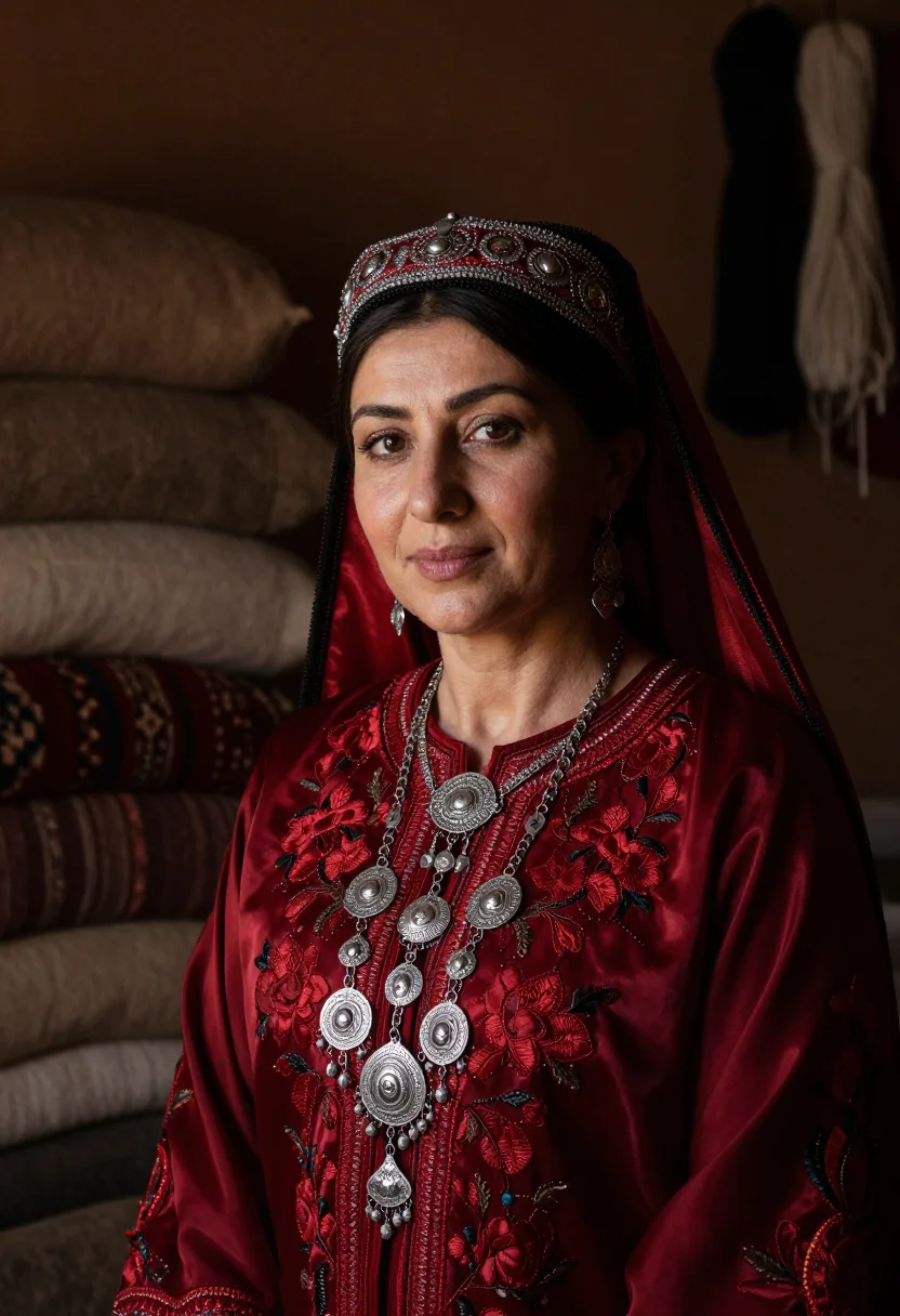 AI turkmen keteni sample — candid close mid-chest portrait of a Turkmen woman in a carp