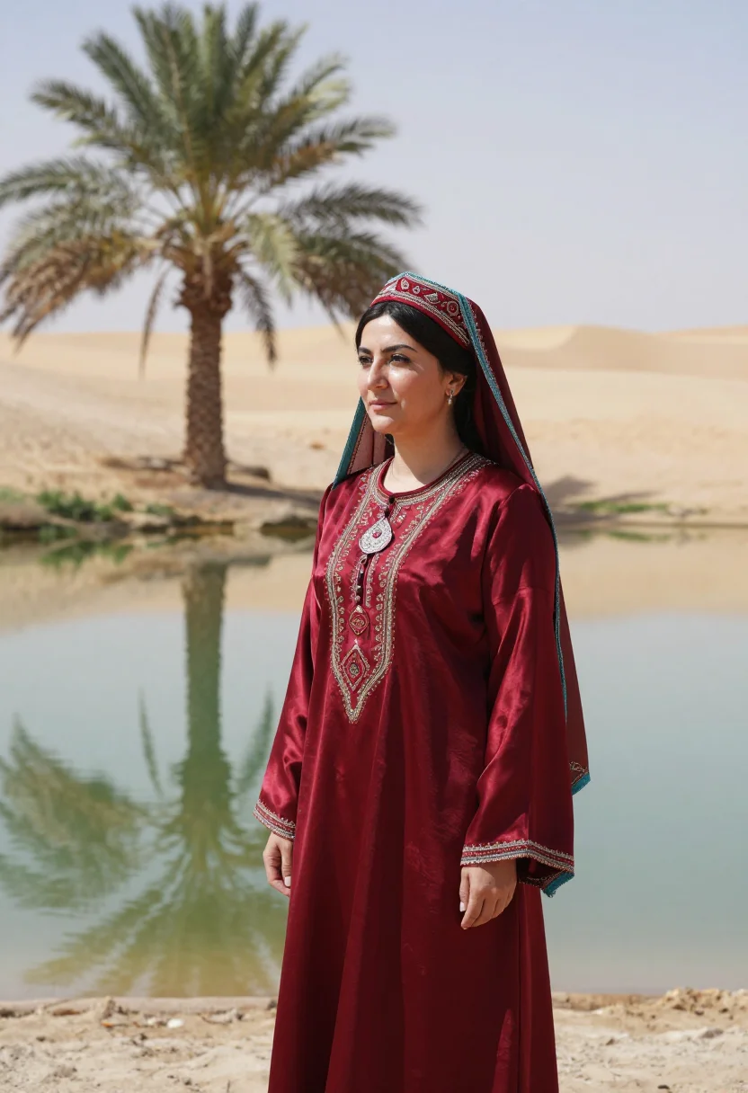 AI turkmen keteni sample — candid half-length portrait of a Turkmen woman standing at t