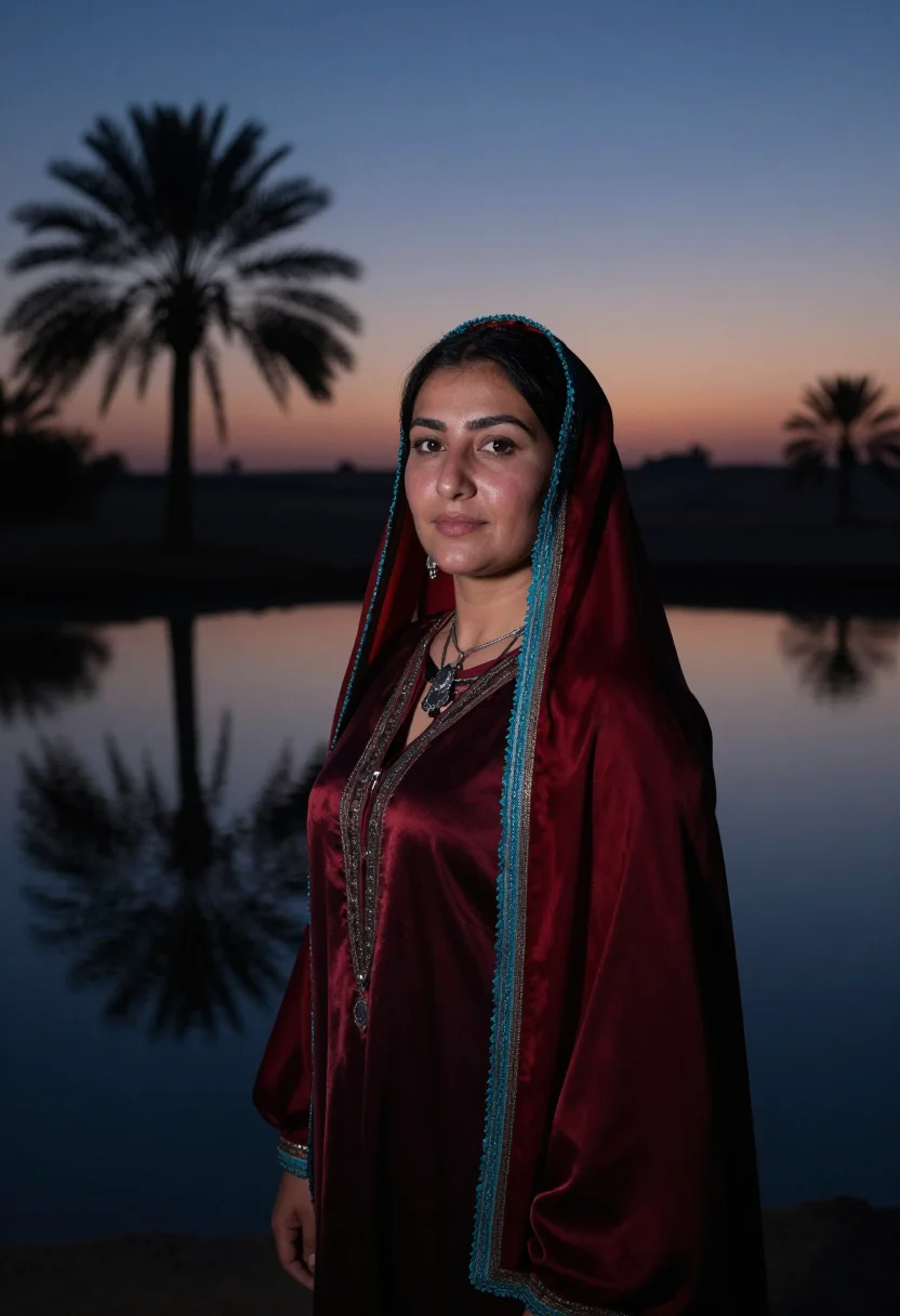 AI turkmen keteni sample — candid half-length portrait of a Turkmen woman at the desert