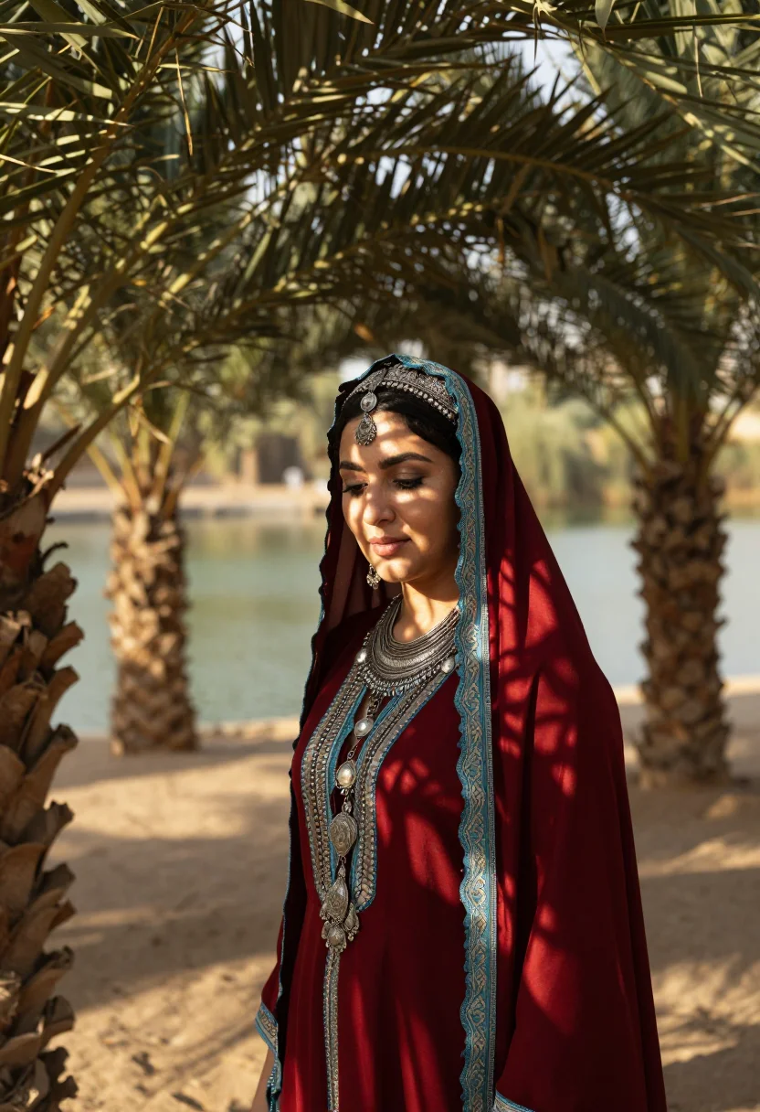 AI turkmen keteni sample — candid mid-chest portrait of a Turkmen woman beneath palm fr
