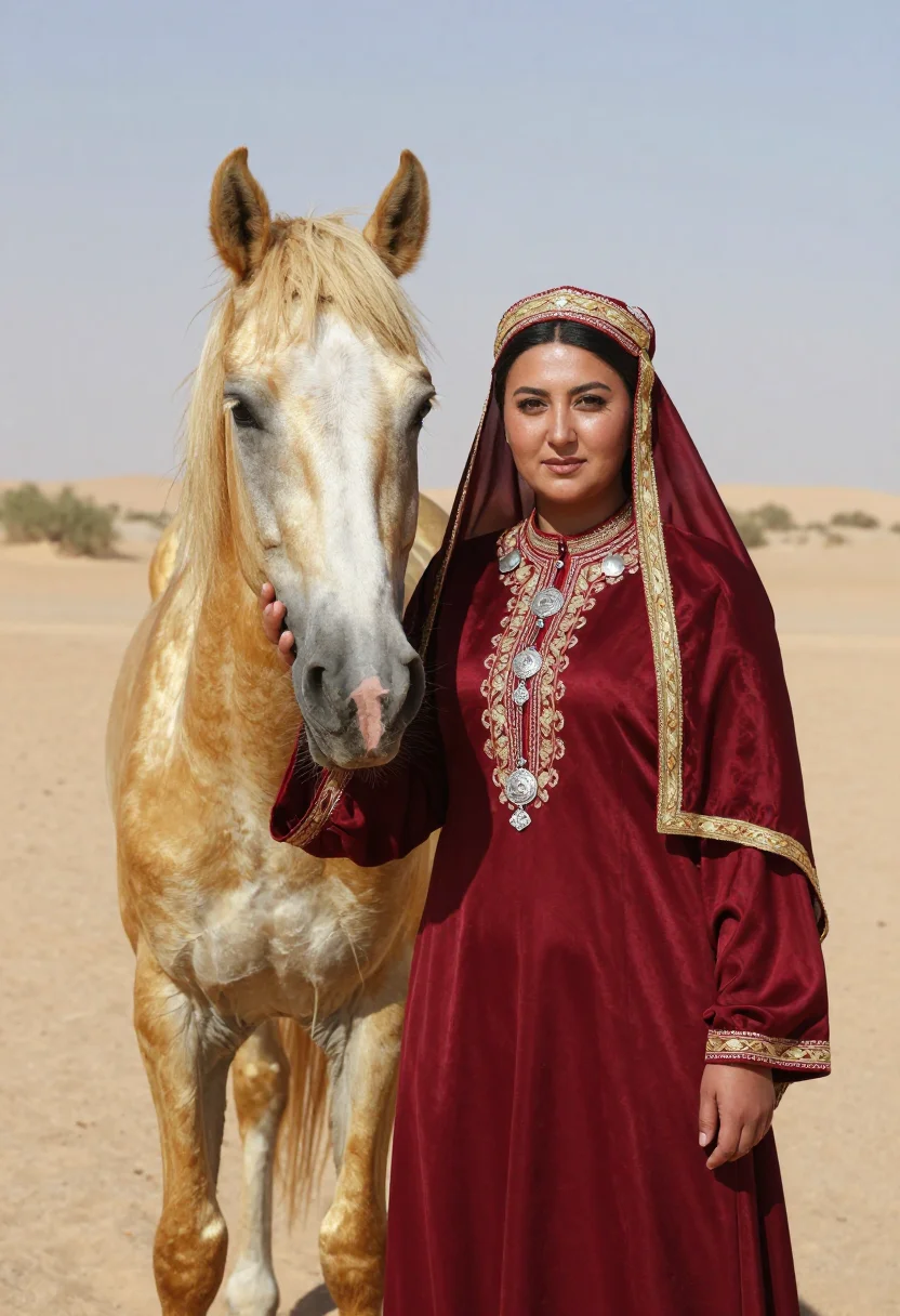 AI turkmen keteni sample — candid half-length portrait of a Turkmen woman standing besi
