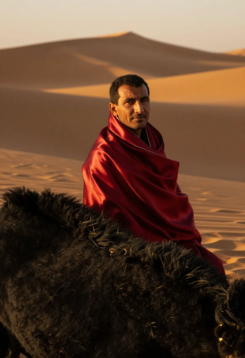 AI turkmen telpek sample — candid mid-chest portrait of a Turkmen man at golden hour am