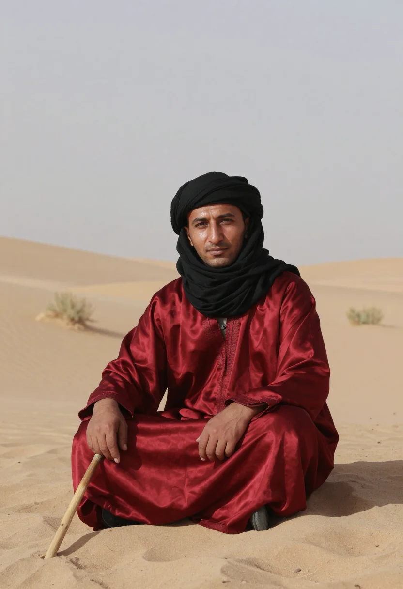 AI turkmen telpek sample — candid three-quarter portrait of a Turkmen man seated among